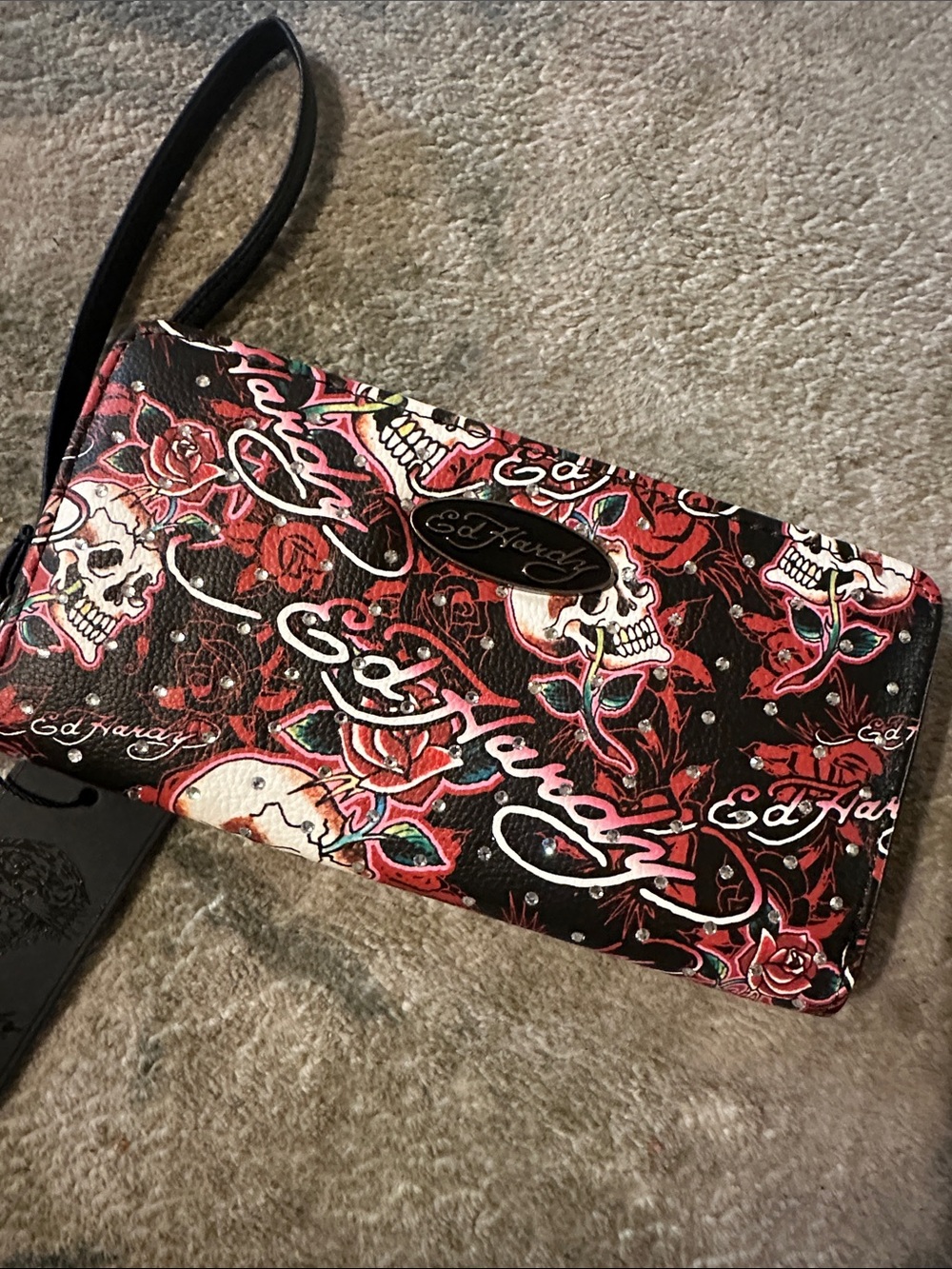 Ed Hardy Black, Red & White Skull Rose Wristlet Clutch